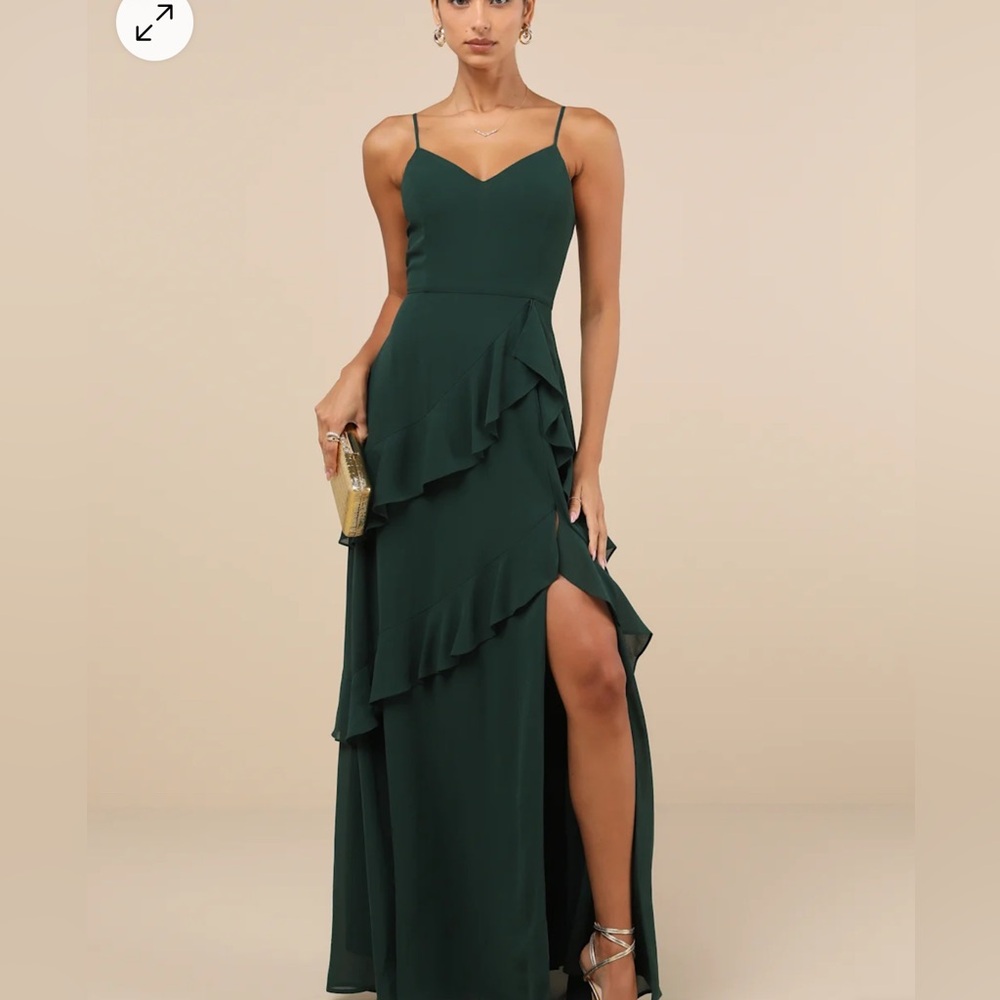 Lulu's Emerald Green Ruffled Spaghetti-Strap Evening Gown
